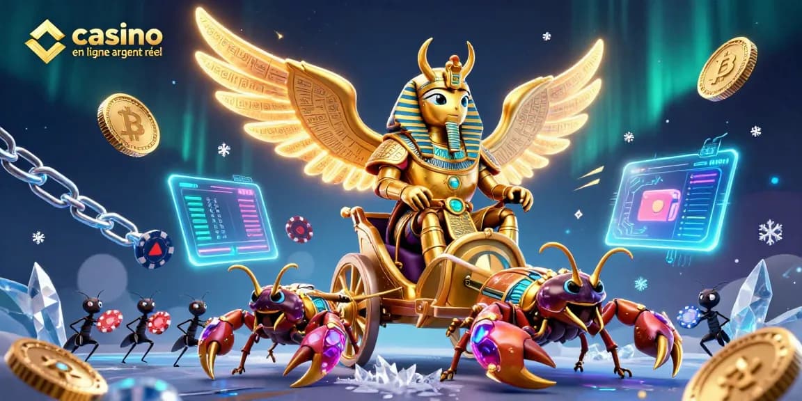 Jouer au casino en ligne argent réel avec une illustration dynamique de scarabée doré et éléments de jeu.