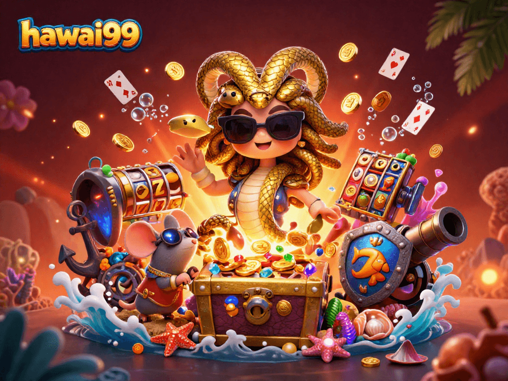 Play exciting slots with hawai99 in this vibrant 3D casino illustration.