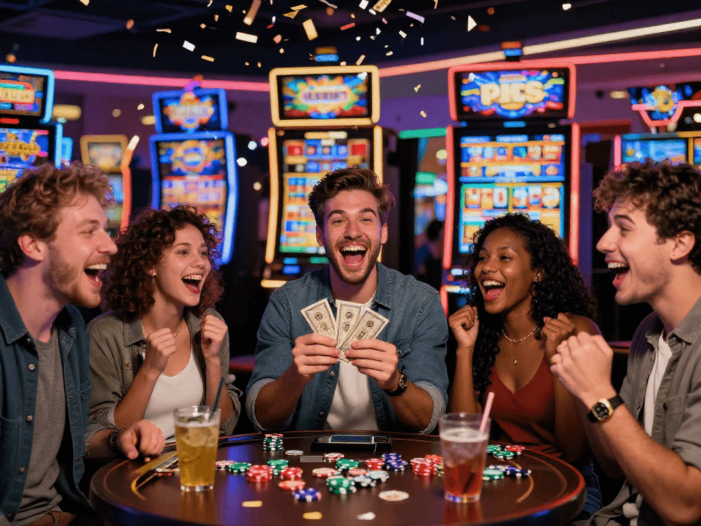 Friends celebrating after hitting a slot jackpot in a vibrant casino setting filled with lights and excitement.