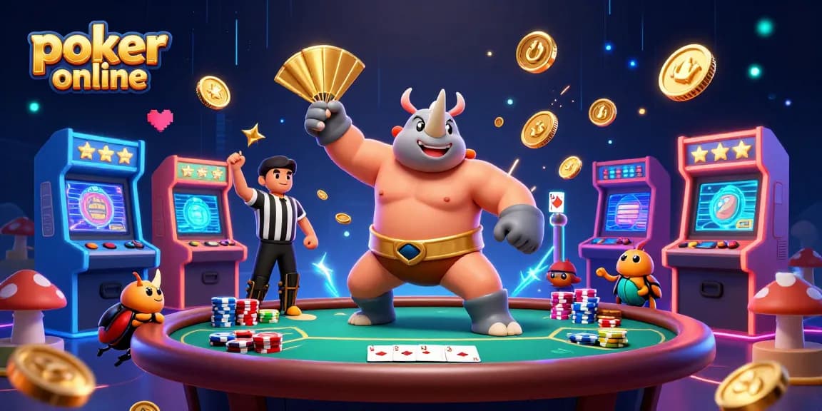Joue au poker en ligne sur un tapis de jeu vibrant avec des jetons de couleur et un jeu royal affiché.