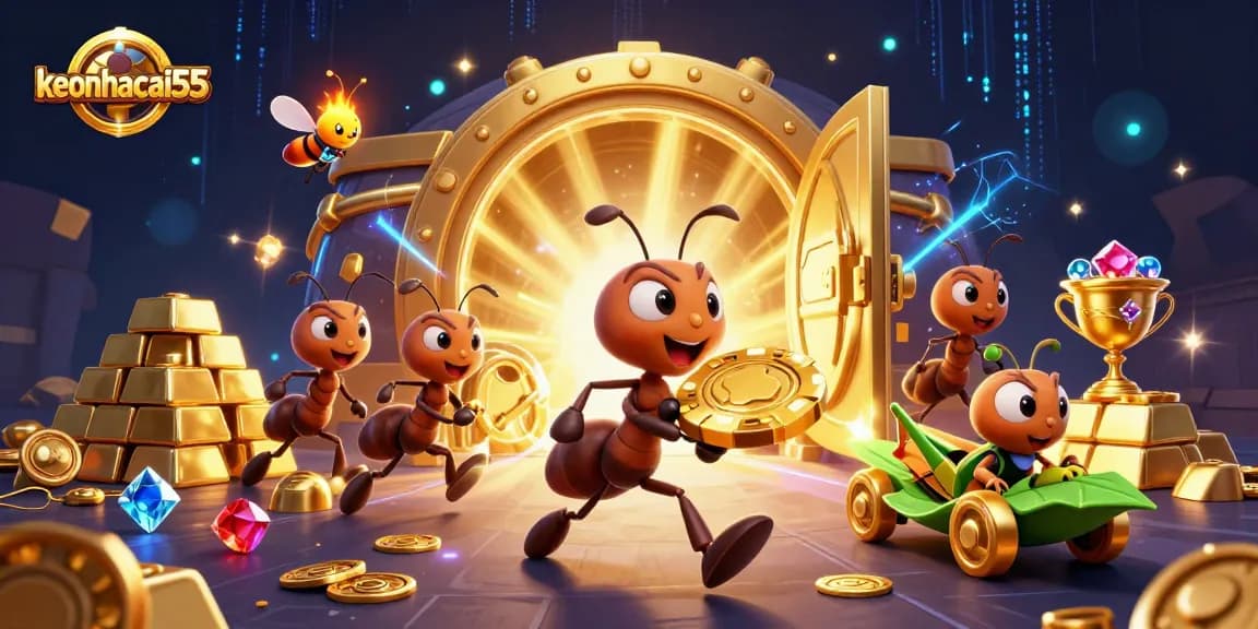 Experience the thrill of keonhacai55 as cartoon ants carry a golden poker chip through a treasure-filled tunnel.