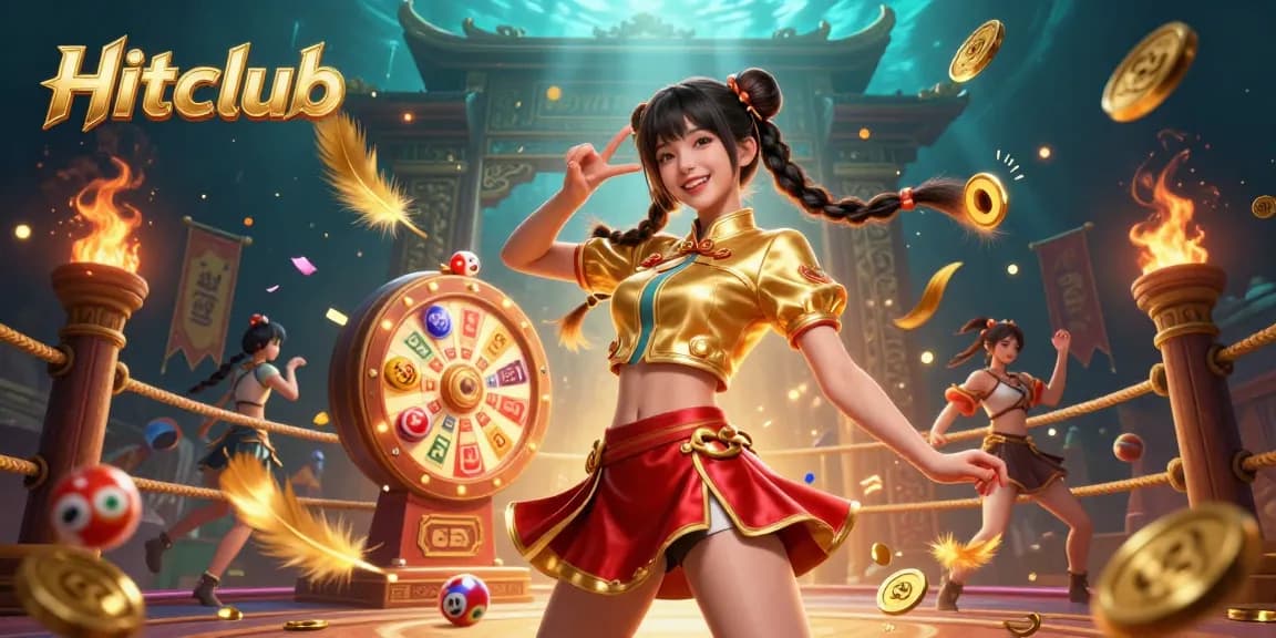 Engage in exciting gameplay with Hitclub as vibrant characters celebrate amidst lottery balls and confetti.
