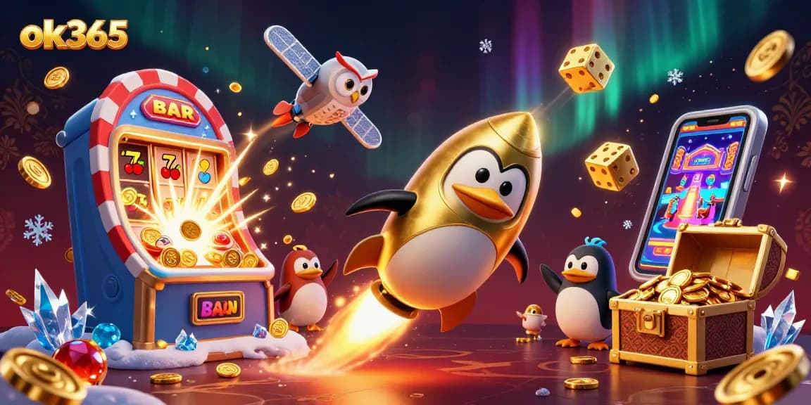 Join the adventure with ok365 as the golden penguin aims for the jackpot amid colorful casino elements.