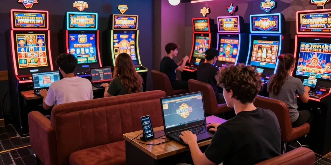 Slot gacor players enjoying an exciting online gaming experience in a vibrant lounge.