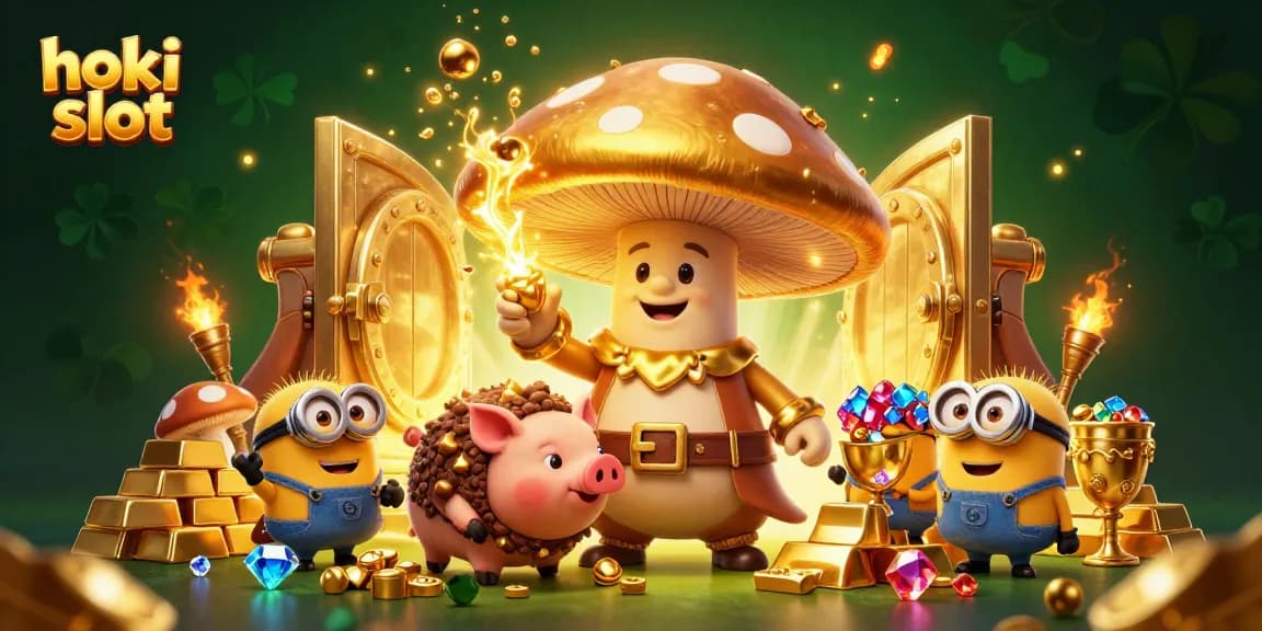 Spin the reels at hoki slot with magical treasures, golden characters, and intense gaming action in this vibrant illustration.