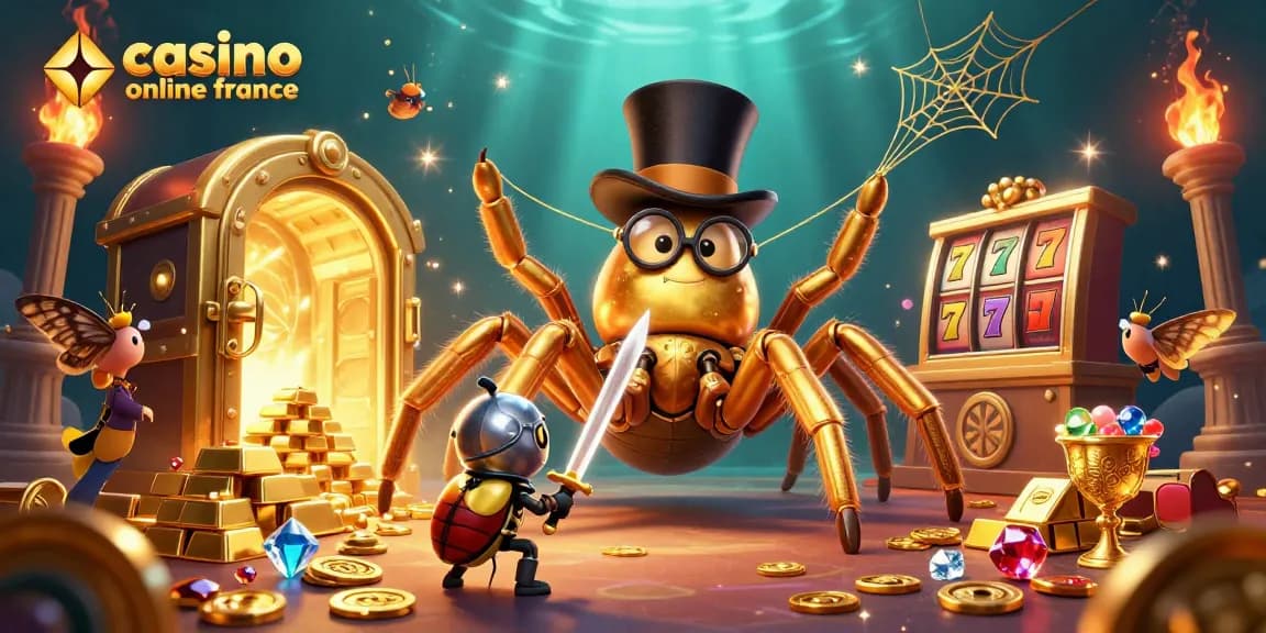 Jouez sur le casino en ligne France avec une ambiance festive illustrée par une araignée dorée et un chevalier.