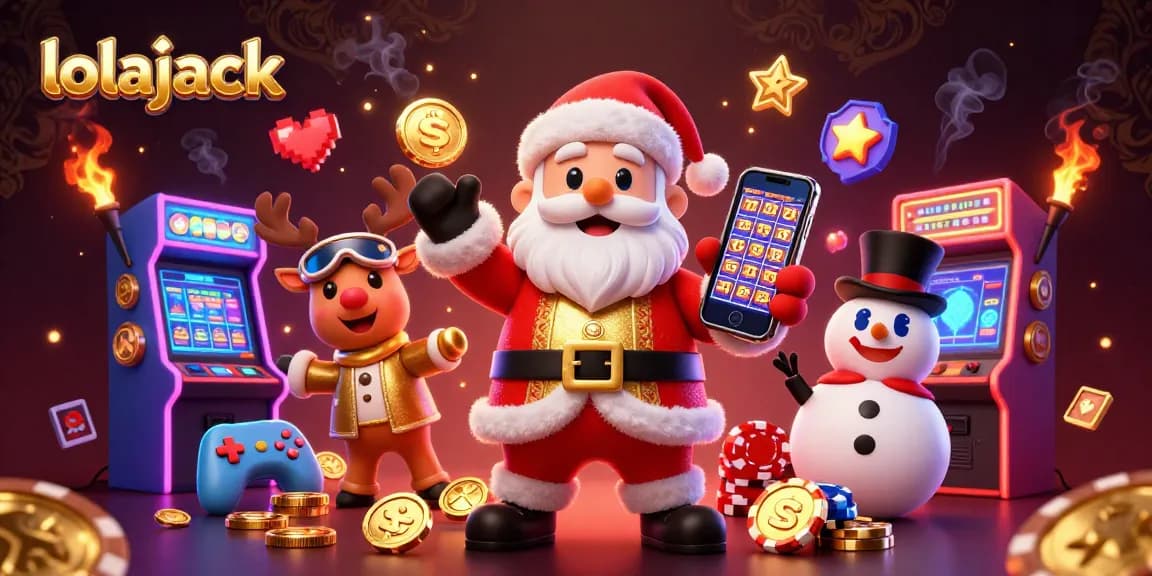 Spin the reels and win at lolajack casino with Santa and friends in a magical festive scene.