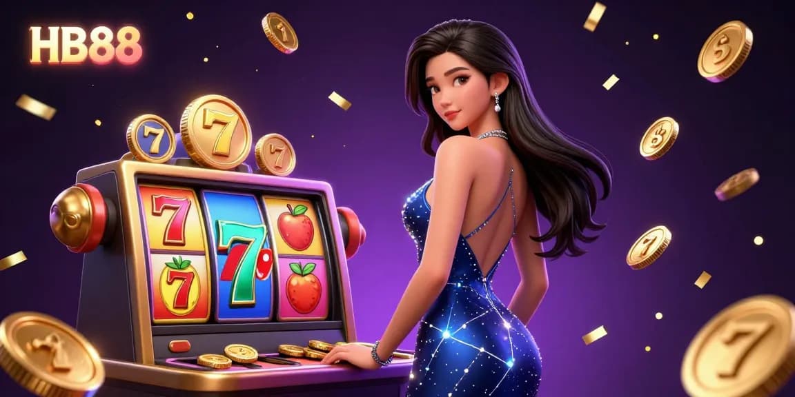 Experience the excitement of winning at HB88 with colorful slot reels and golden coins in a vibrant casino setting.