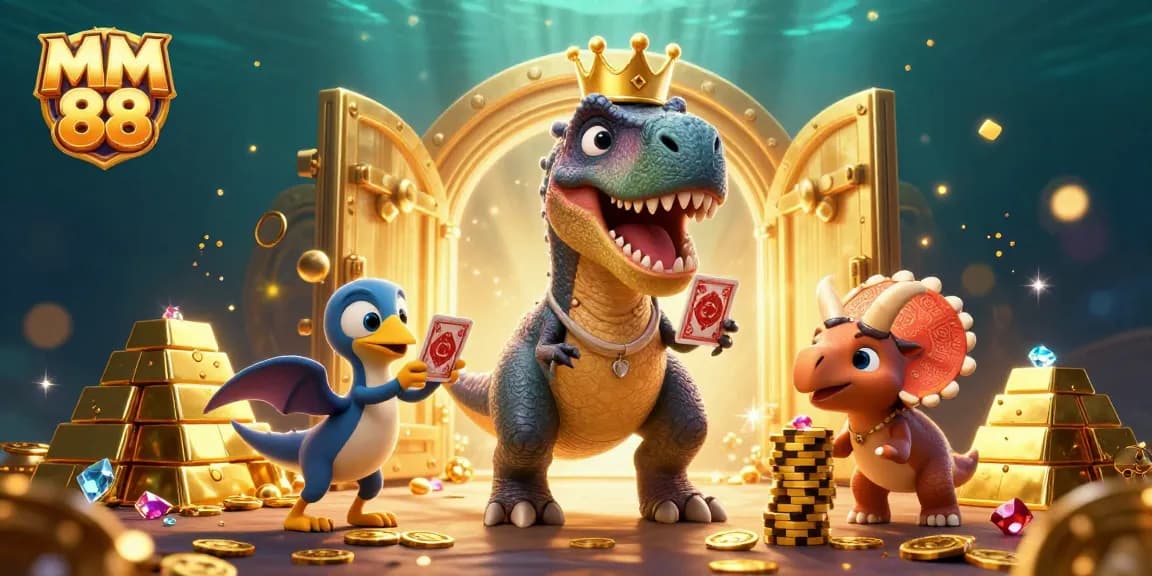 Experience the excitement of MM 88 with vibrant characters, golden chips, and sparkling treasures in this dynamic casino scene.