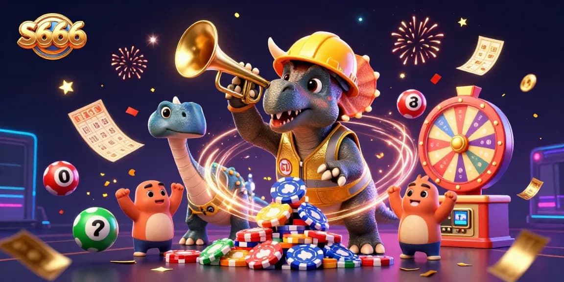 S666 engages players with celebratory casino-themed characters and lottery elements in a vibrant scene.