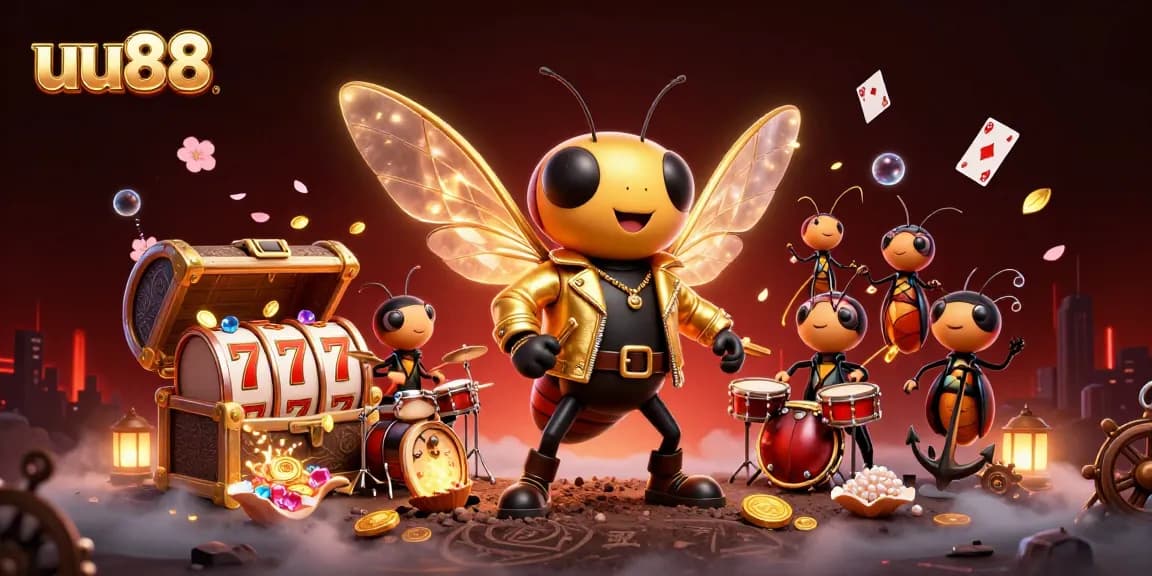 Spin and win at uu88 with a vibrant illustration of a rock star cicada and friends amidst slot reels and gold coins.