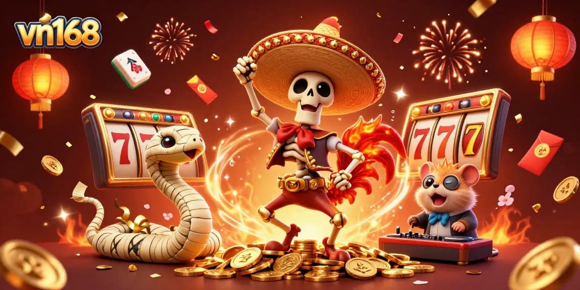 Engage with vn168's exciting slots featuring a festive mariachi rooster and golden elements in a vibrant casino setting.