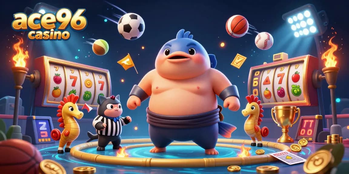 Experience the thrill at ace96 casino with vibrant 3D illustrations of engaging slot games and sporty elements.
