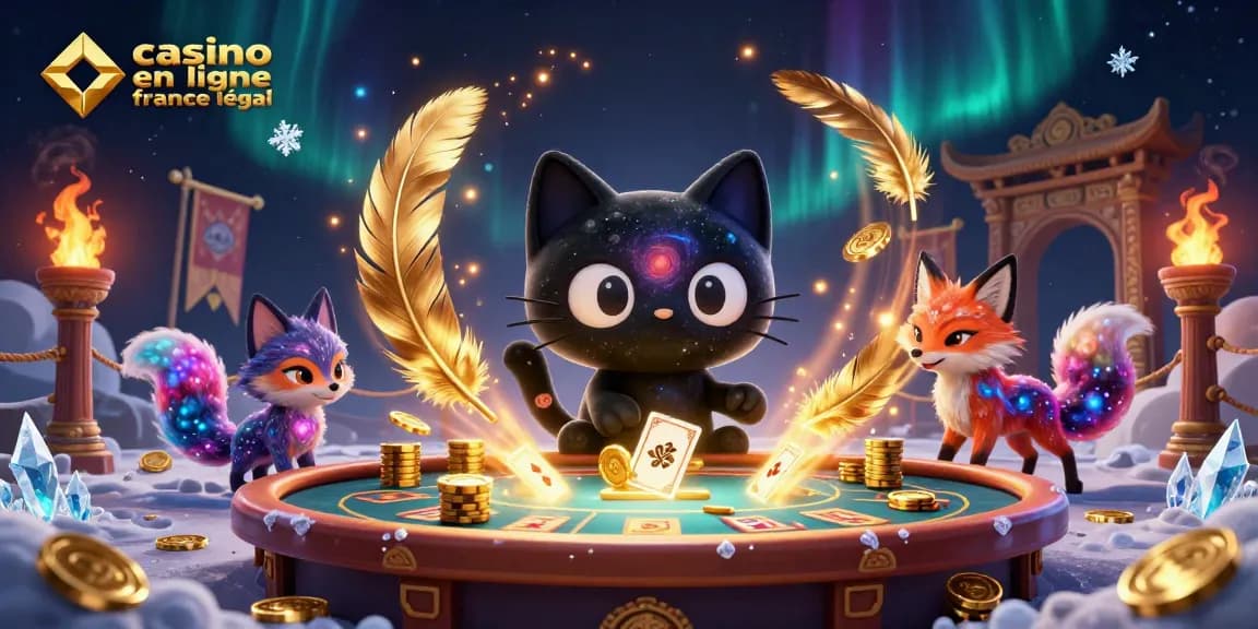 Illustration dynamique d'un casino avec un chat noir trou noir attirant des jetons d'or, illustrant le casino en ligne légal en France.