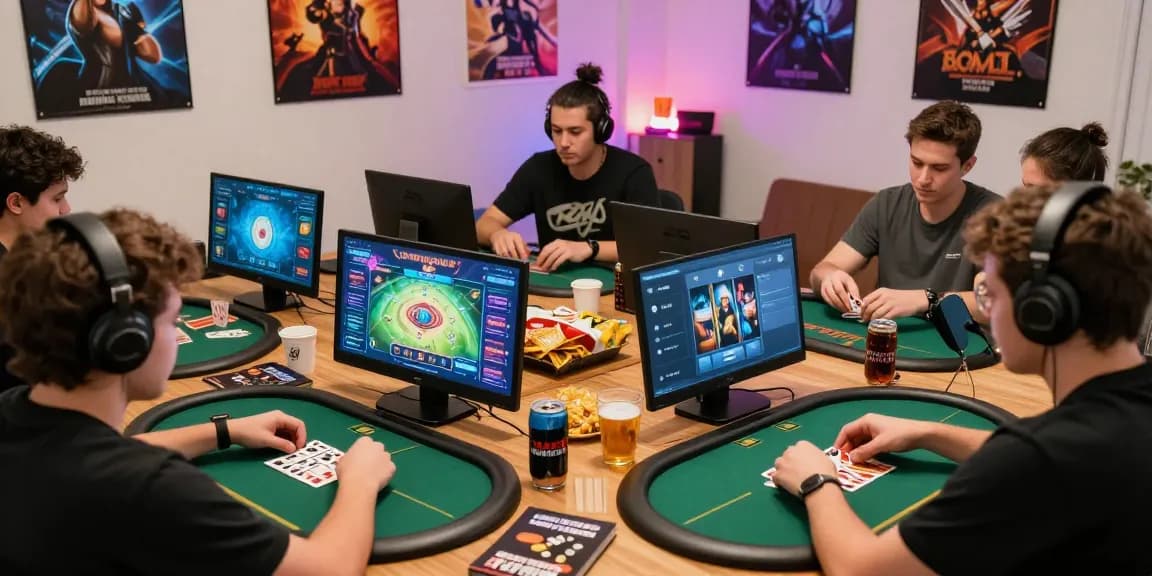 Juragan QQ gaming community enjoying card games on various devices in a lively home setting.