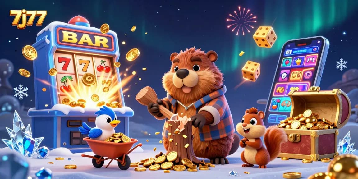 7j77 brings luck as a beaver chops coins from a tree in this vibrant casino scene