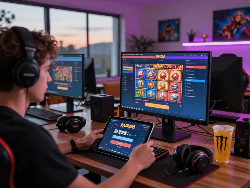 Login interface of RAJA328 displayed on tablet, showcasing online gaming options for 2026 at https://raja328apk.com/ in a vibrant home office setting.