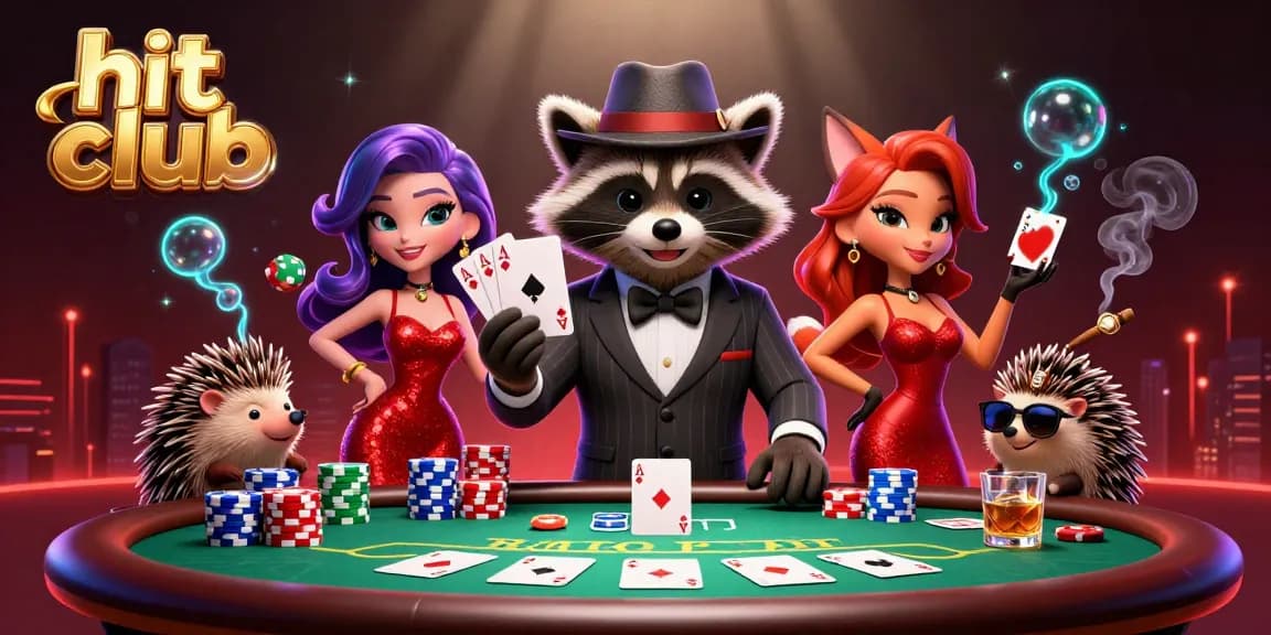 Experience the excitement of Hit Club with a suave raccoon, a stylish fox, and a hedgehog bouncer at a vibrant poker scene.