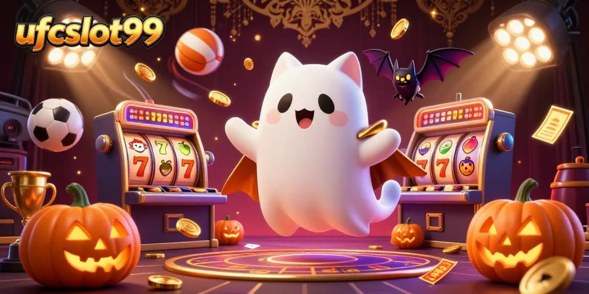 Engage with ufcslot99 in an energetic haunted casino scene featuring a floating ghost cat and vampire bat.