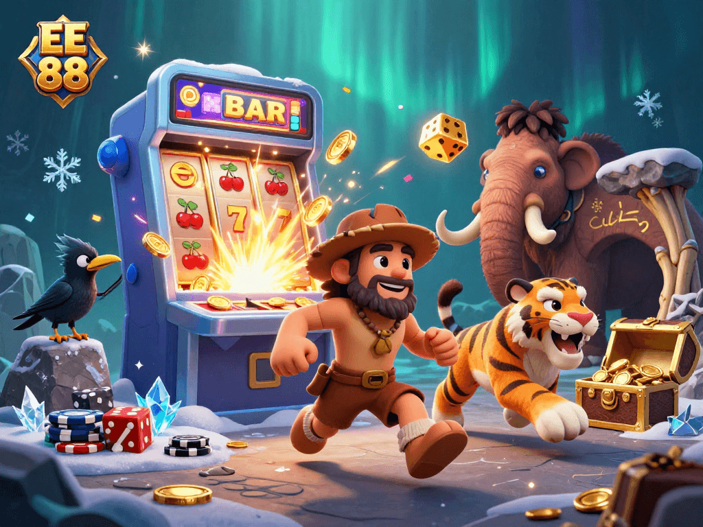 EE 88 illustrates a playful casino scene with characters and a jackpot explosion of coins.