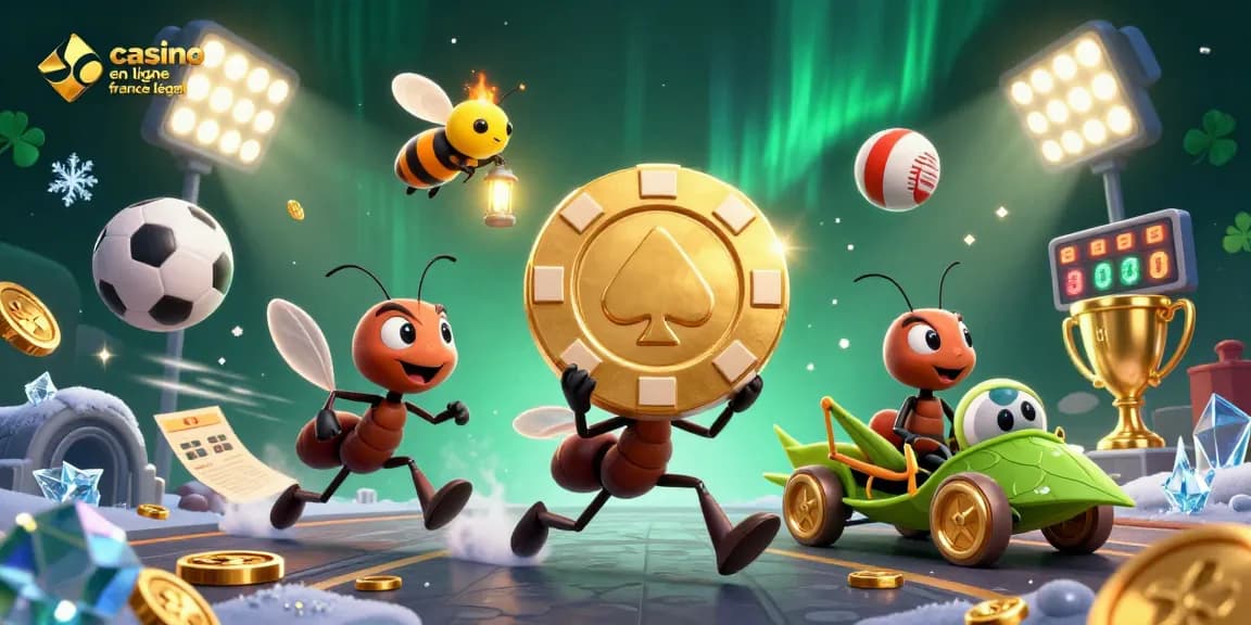Illustration dynamique présentant un casino en ligne légal en France, des fourmis transportant des jetons de poker, et des éléments de jeu en arrière-plan.