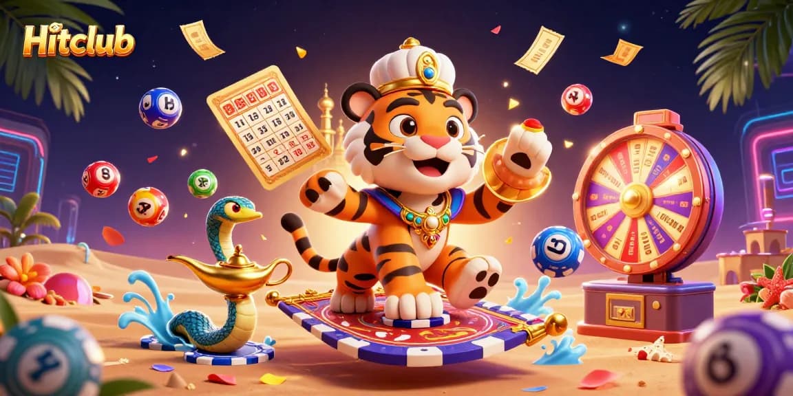 Hitclub offers thrilling gameplay with a dynamic scene featuring vibrant casino elements and characters.