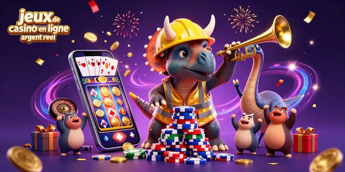 Jouez à des jeux de casino en ligne argent réel avec une illustration amusante d'un triceratops et d'un parasaurolophus célébrant.