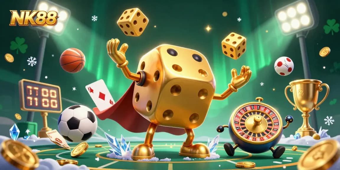 Engage in exciting gameplay at NK88 with a vibrant 3D illustration of a golden dice golem and gambling elements.