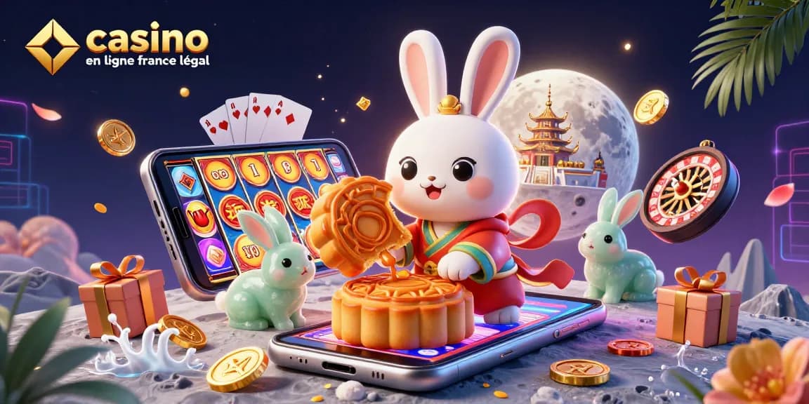 Jouez au casino en ligne France légal avec une scène amusante illustrant un lapin lunaire découvrant des jetons de poker.