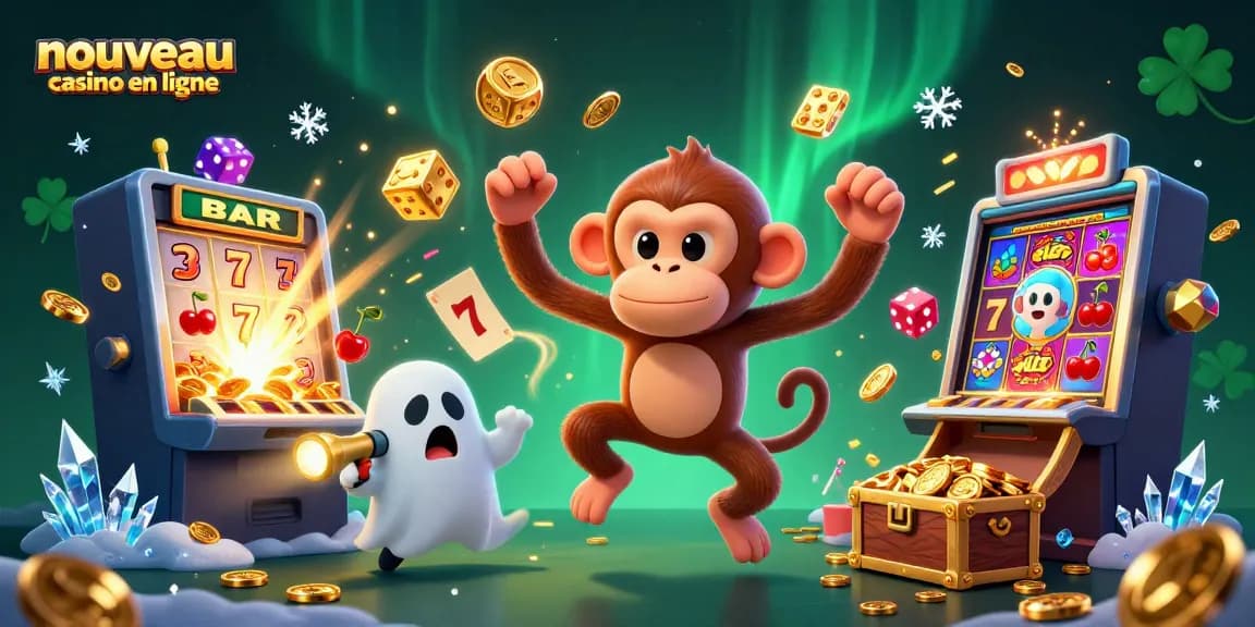 Illustration dynamique d'un nouveau casino en ligne avec un singe poltergeist et un chiot chasseur de fantômes.