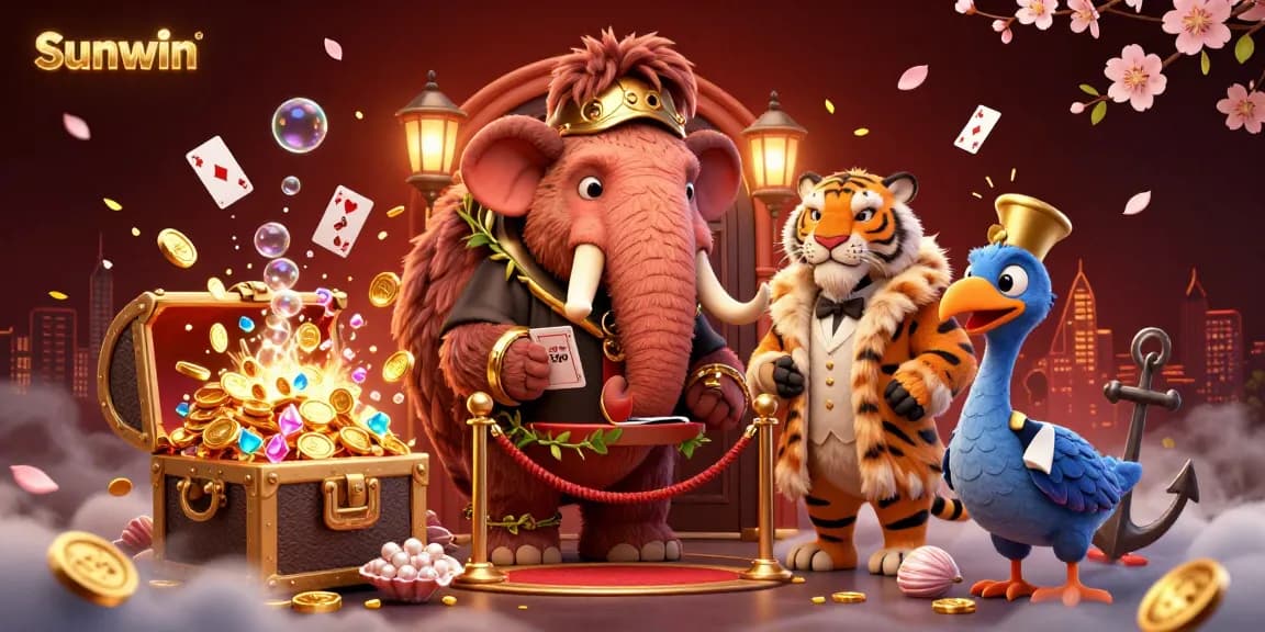 Experience engaging casino action with Sunwin as a woolly mammoth bouncer and VIP tiger in a vibrant 3D scene.