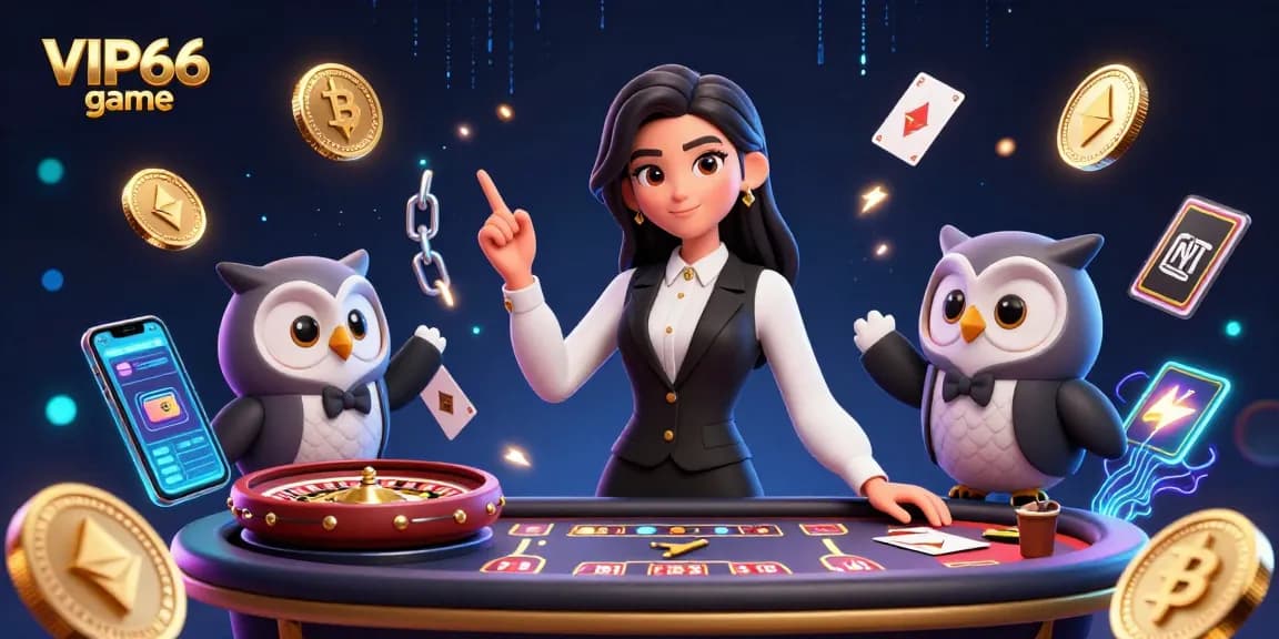 Experience the excitement of VIP66 game with a vibrant dealer scene featuring an Asian woman dealer and a cartoon assistant amidst glowing crypto elements.