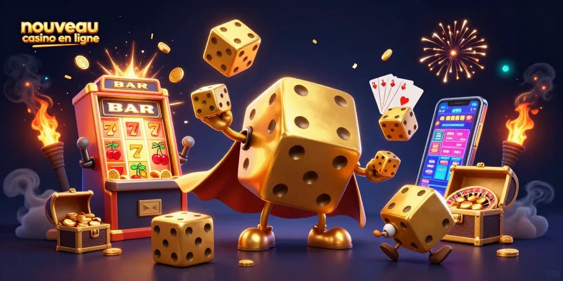 Jouer au nouveau casino en ligne avec un golem de dés dorés entouré de jackpots et de symboles emblématiques.