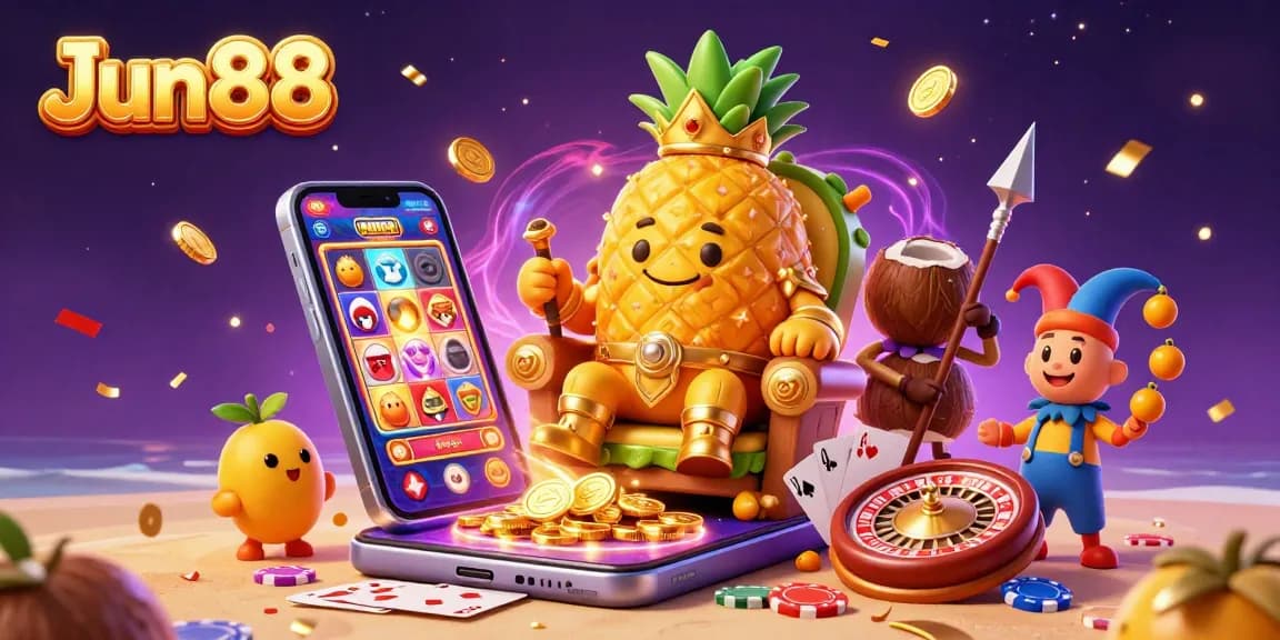 Experience Jun88's vibrant casino scene with a golden pineapple king, coconut bodyguards, and dynamic slot gameplay.