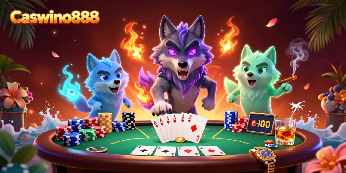 Engage in thrilling gambling action at Caswino888 with dazzling poker and vibrant ghostly wolves.