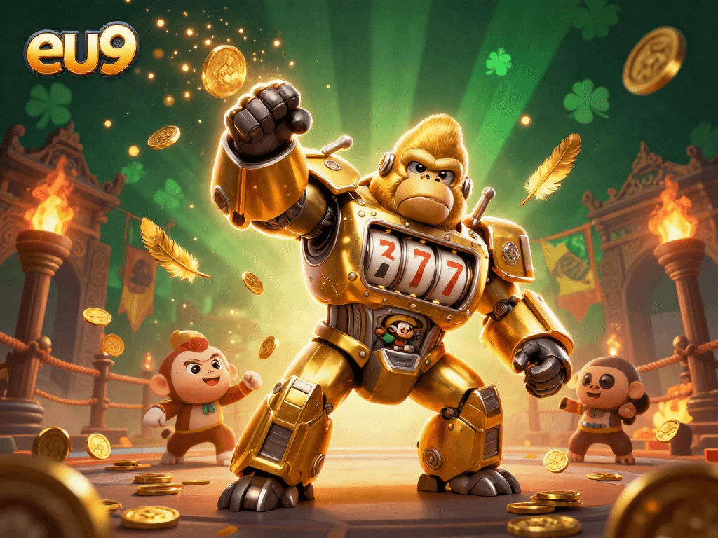 Catch the action at eu9 with a golden gorilla mech in a lively casino scene!
