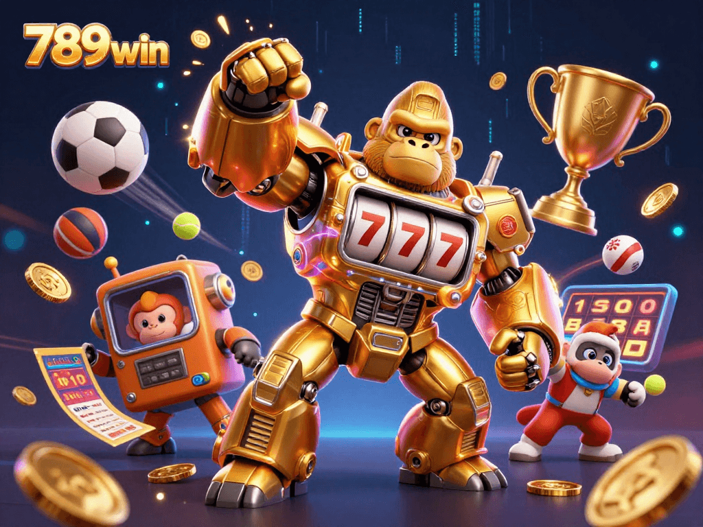 Experience thrilling wins with 789win's dynamic 3D casino illustration featuring a golden gorilla mech.