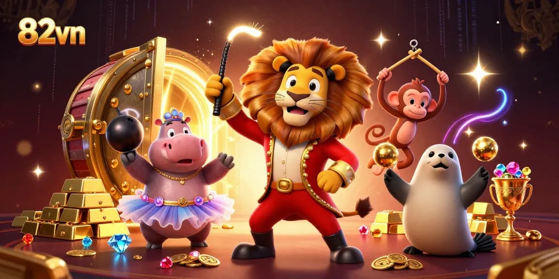 Engage in thrilling play at 82vn, featuring vibrant characters and sparkling treasures in a casino setting.