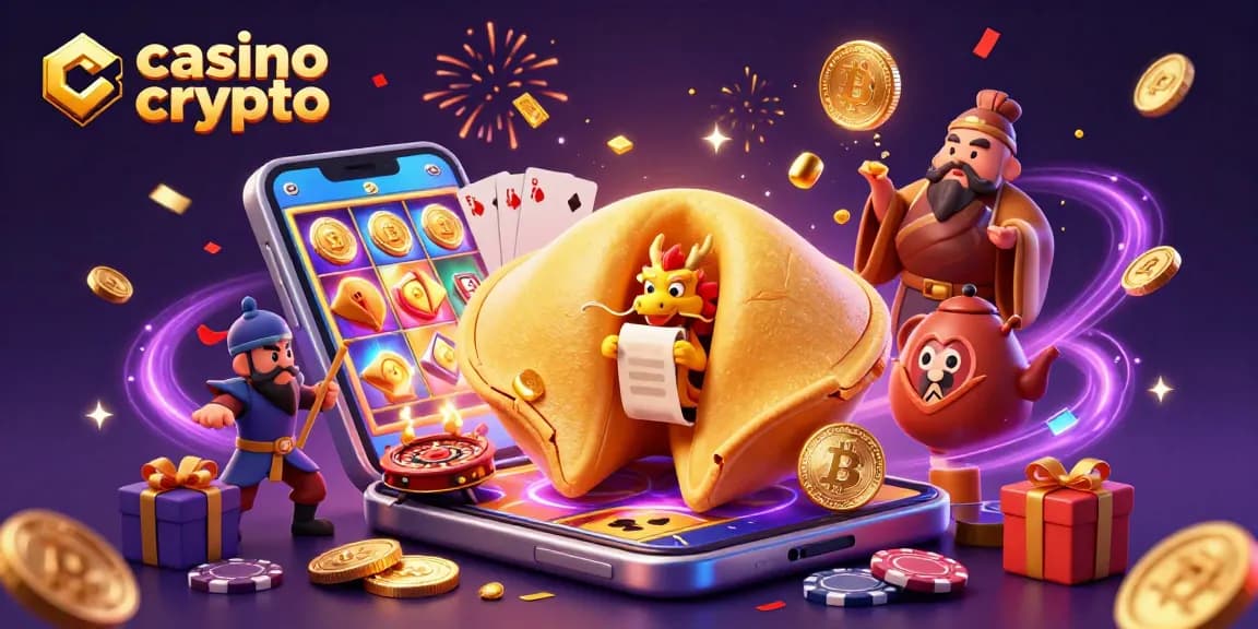 Profitez du casino crypto avec une illustration 3D d'un cookie de fortune, un dragon sage et des éléments de jeux dynamiques.