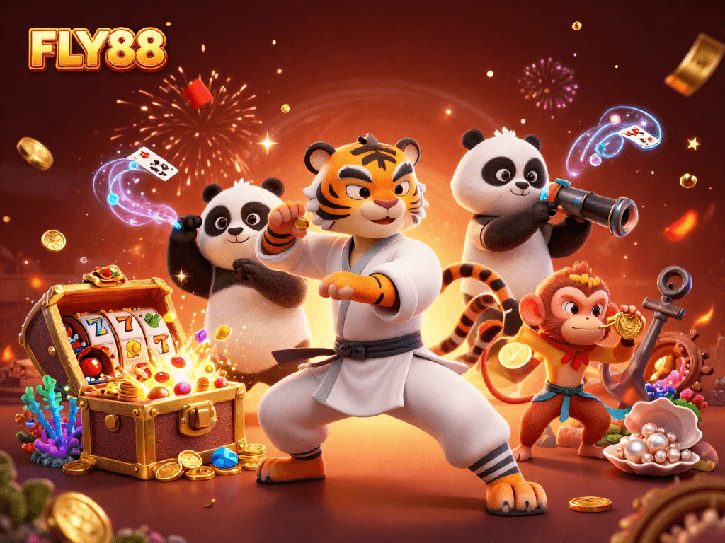 Experience thrilling action with FLY88 as a kung fu tiger, panda, and monkey celebrate in a vibrant casino.