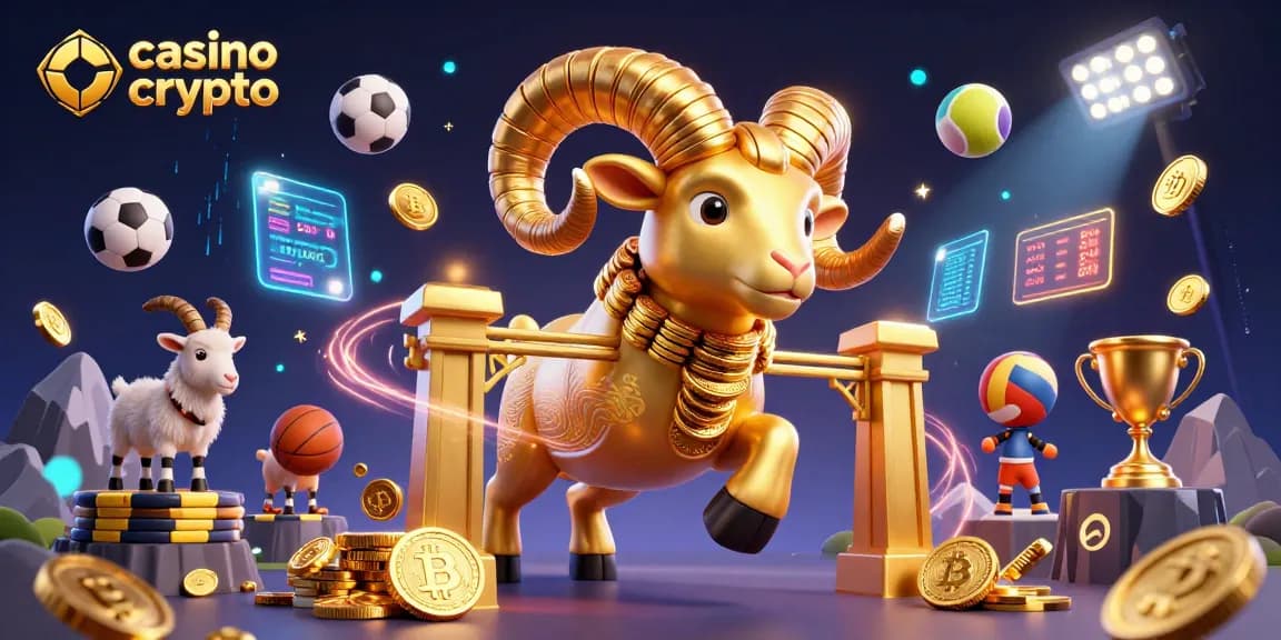 Une scène vibrante de casino crypto avec un bélier en or massif chargé à travers une porte dorée.