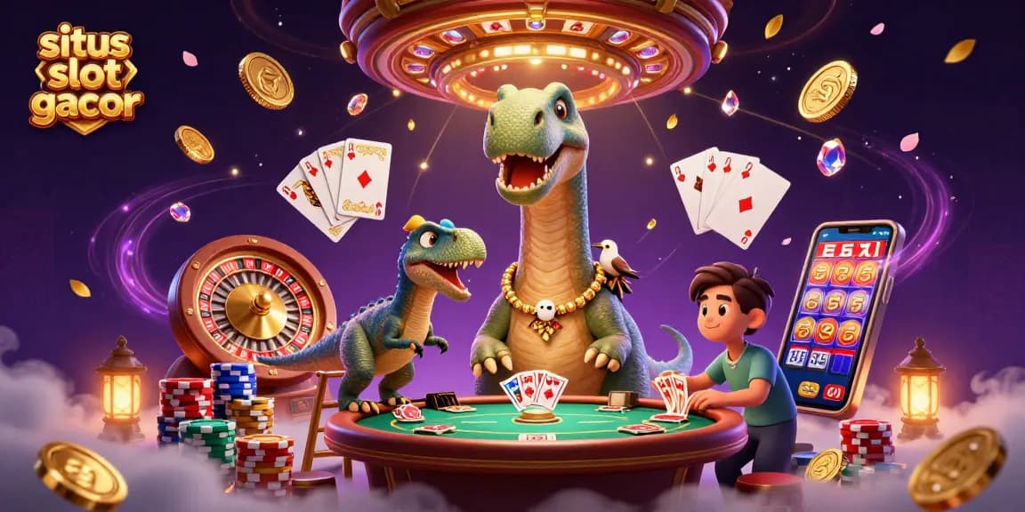 Engage in thrilling games of situs slot gacor with iconic dinosaurs and vibrant casino elements.