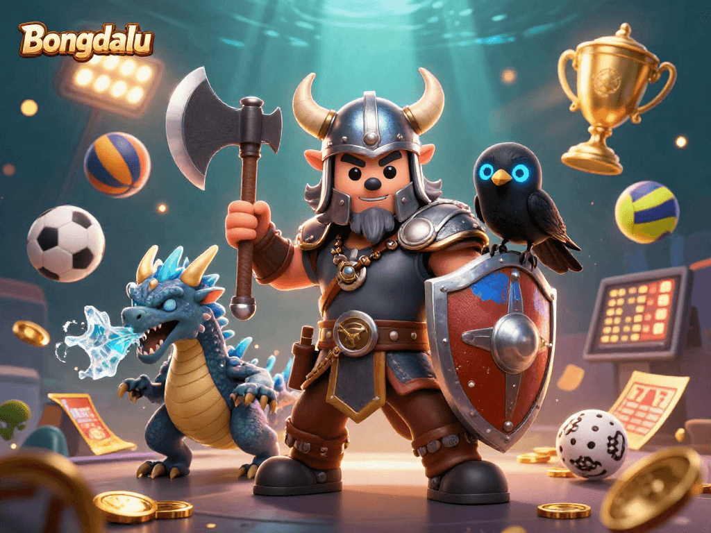 Bongdalu features a Viking wolf warrior, dragon, and raven amidst dynamic sports elements, celebrating the thrill of gaming.