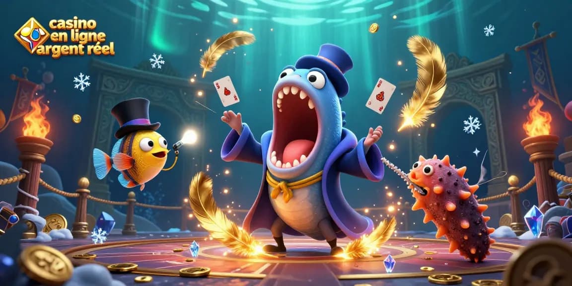 Jouez au casino en ligne argent réel avec une illustration 3D dynamique et colorée de créatures marines.