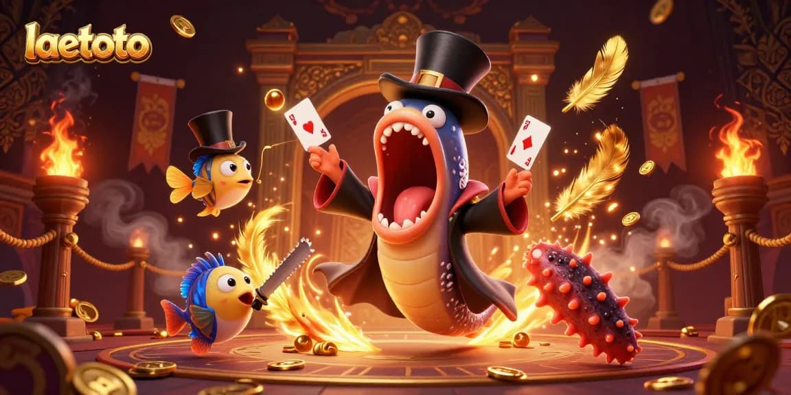 Win exciting prizes at laetoto with casino-themed magic tricks in a vibrant underwater scene.