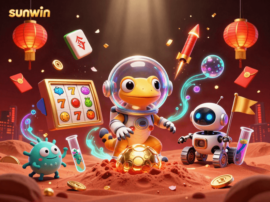 Experience the thrill of sunwin slots with a Martian gecko discovering a golden casino in space.
