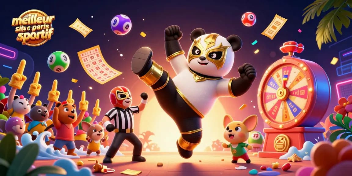 Le meilleur site de paris sportif présente une illustration dynamique avec un panda lutteur 3D en plein vol, entouré de jeux de loterie colorés.
