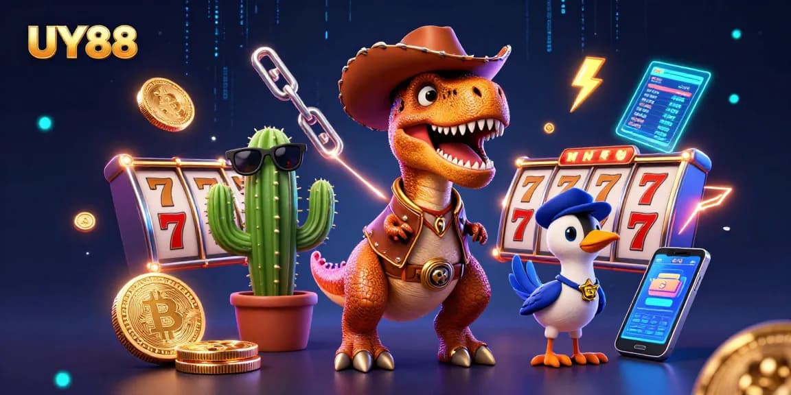 Spin the reels with UY88's lively gaming scene featuring a T-Rex and friends.
