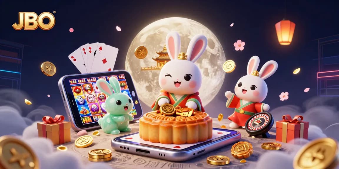 Experience JBO's vibrant casino atmosphere with a whimsical moon rabbit and gaming elements.
