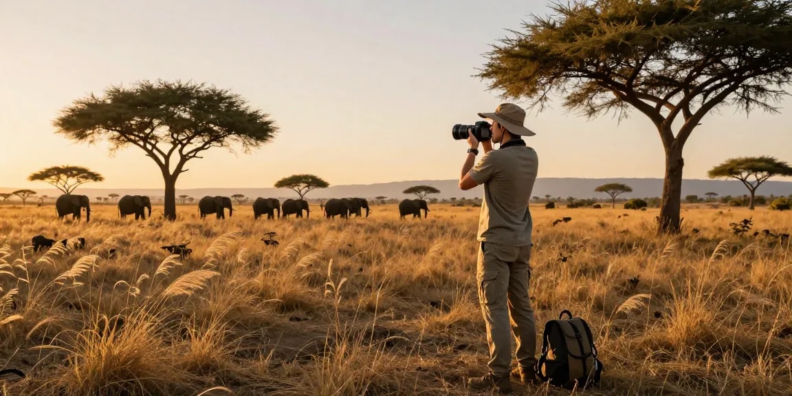NAGA2000 traveler capturing wildlife moments in Kidepo Valley National Park during a stunning sunrise safari.